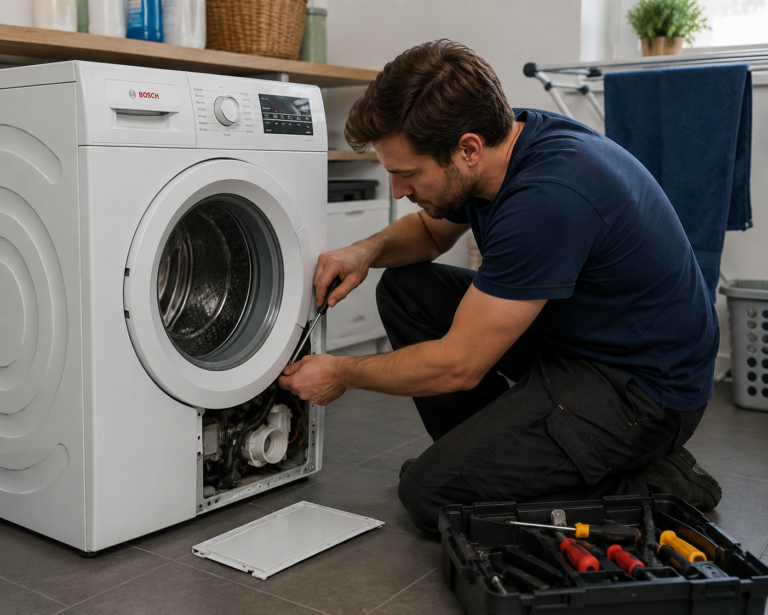 Man die werkt aan een wasmachine